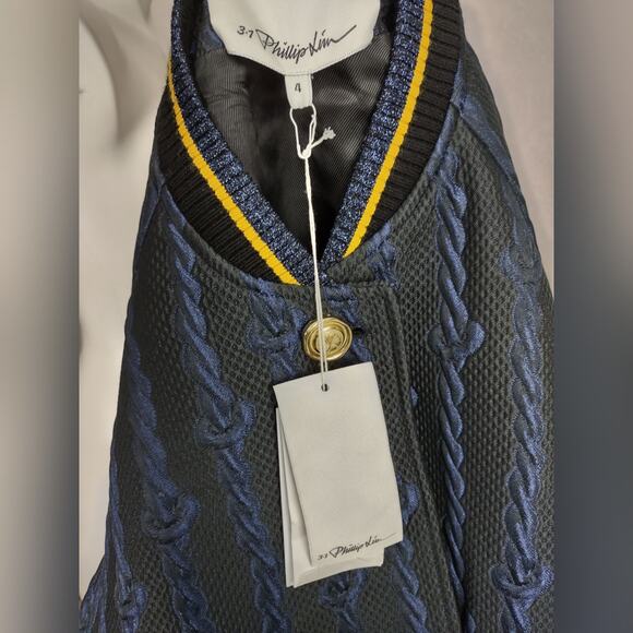 3.1 Phillip Lim Brocade Cable Print Varsity Bomber Black & Blue Jacket Size 4 - Picture 6 of 16